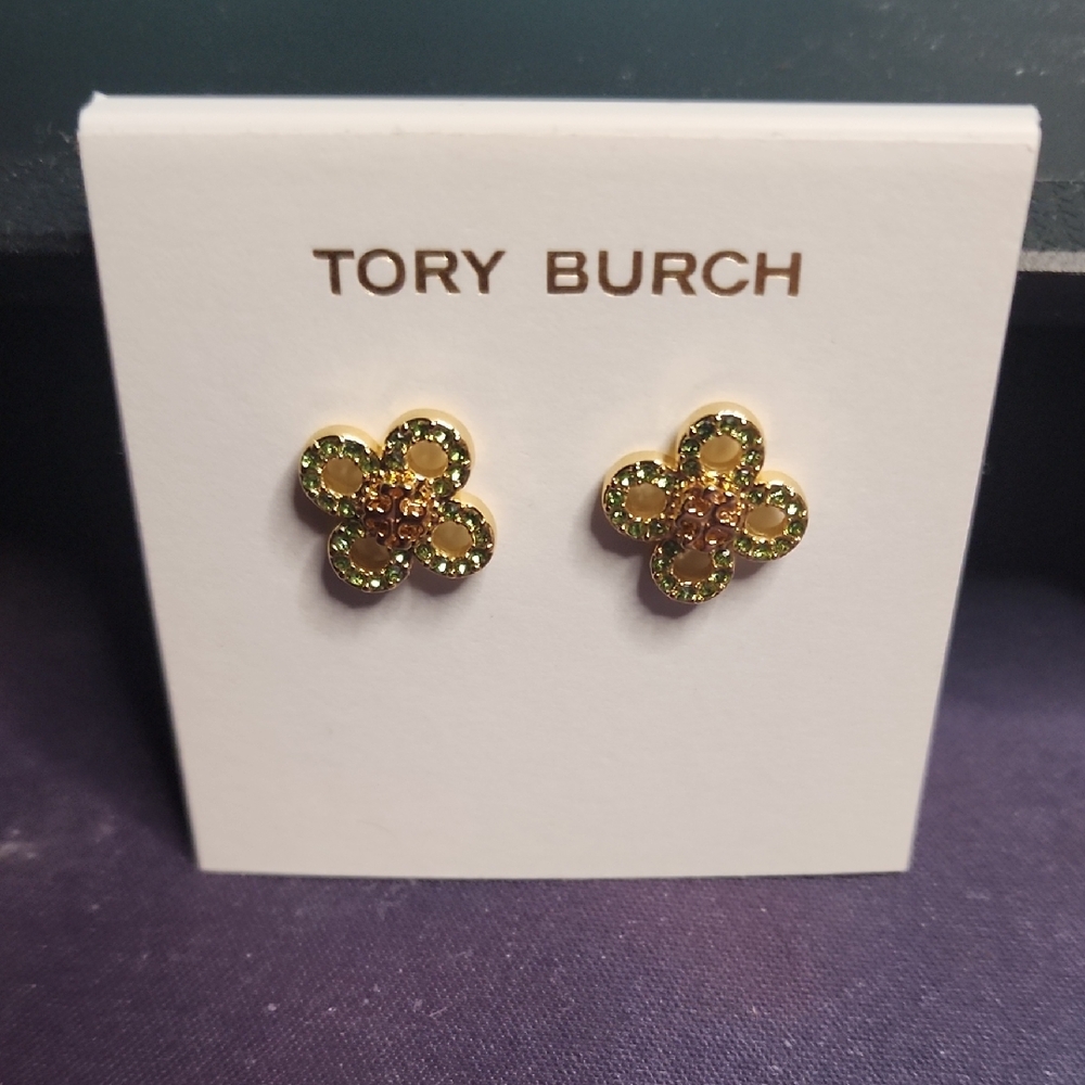 Tory Burch Gold and Green Floral Studs